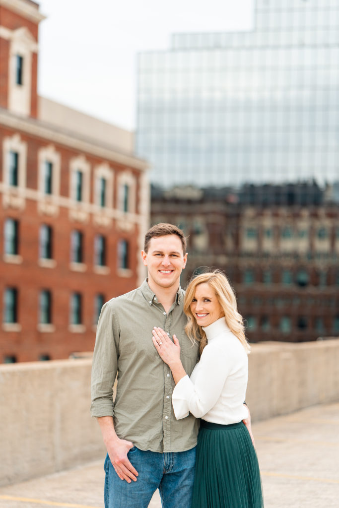 Smiling Chattanooga engaged couple during West Village photo shoot