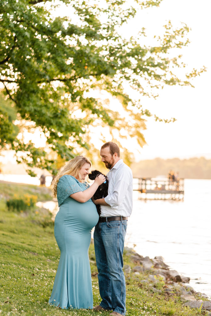 Chattanooga Maternity photography - mother to Be -Chester Frost Park Photo Session- family posing with dog - by lake