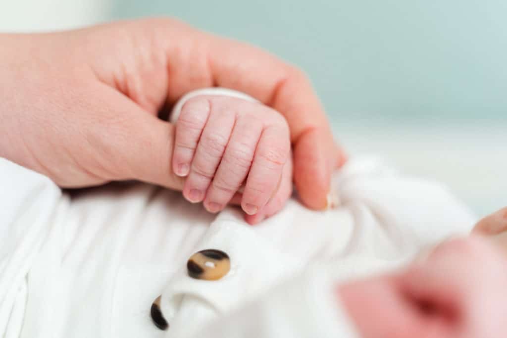 Detail photo of newborn hand being held by father's hand. 