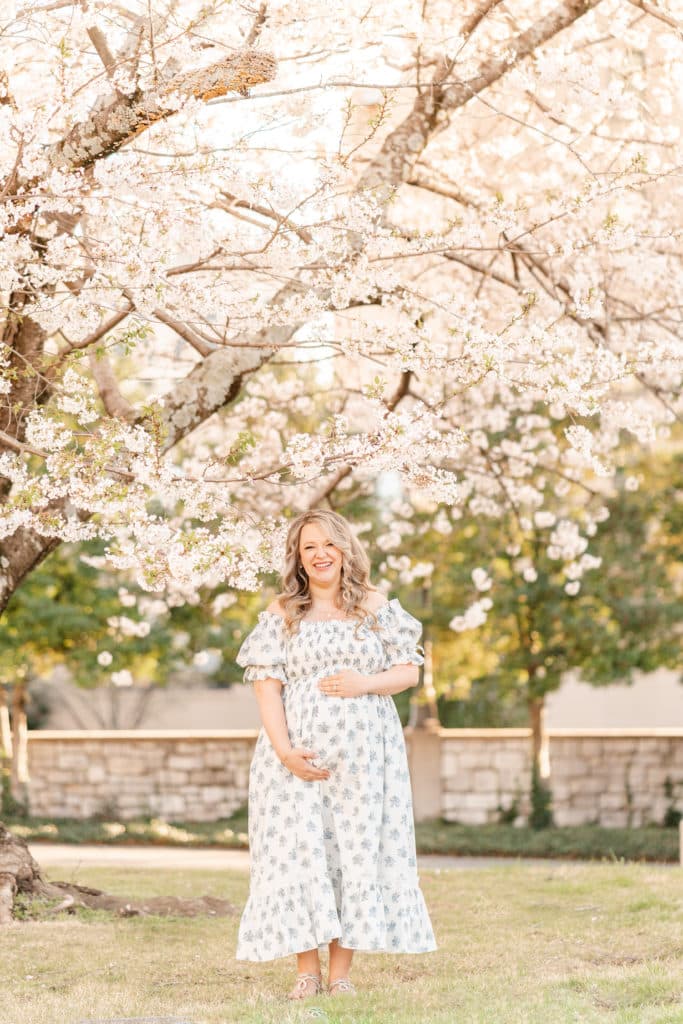 Chattanooga maternity photography mom in floral dress with Cherry Blossoms