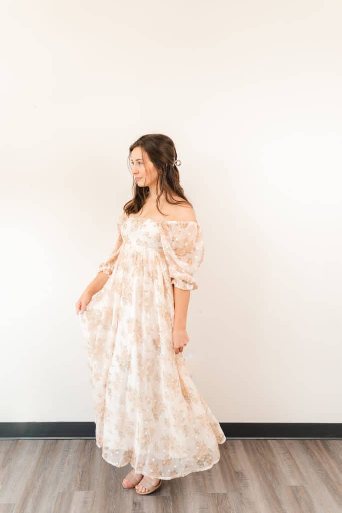 Client closet floral cream maxi dress, Chattanooga TN photographers 