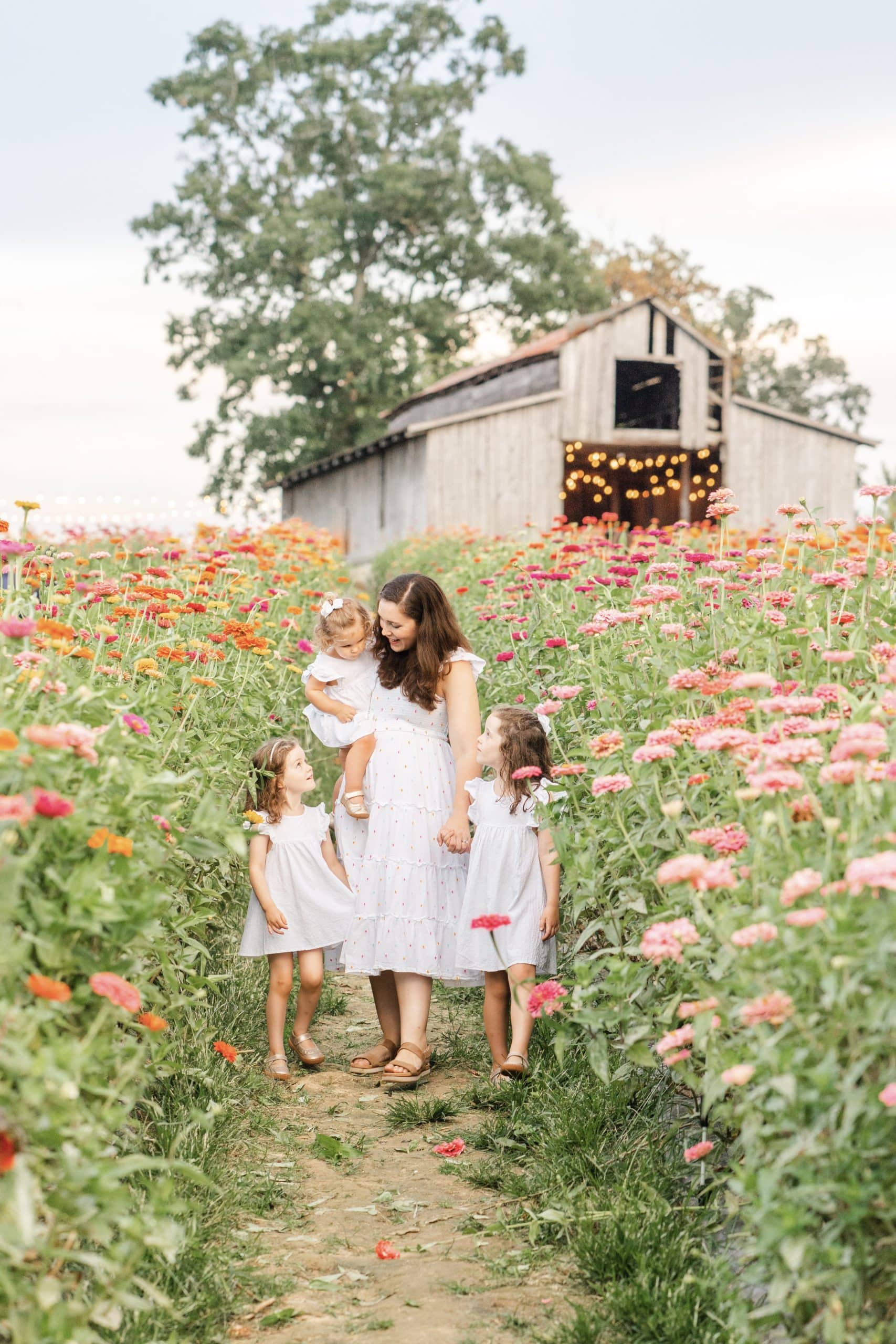 Chattanooga photography session at Flat Top Mountain Farm, Mother posing with daughters in zinnia field