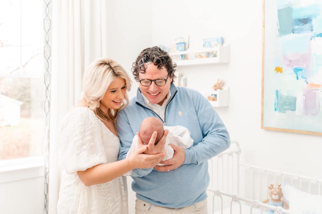 White and blue, bright and airy newborn photography session