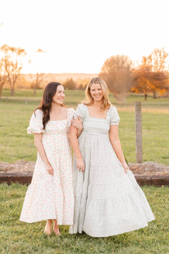 Image of two models wearing dresses from Kelley's Client closet for family photos. 