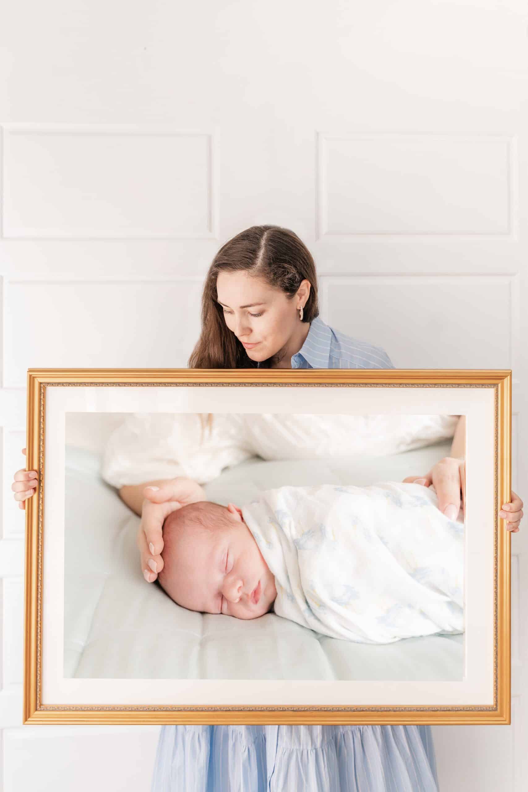 how to display newborn photos - 20x30 wall art with gold frame with Chattanooga lifestyle newborn photographer
