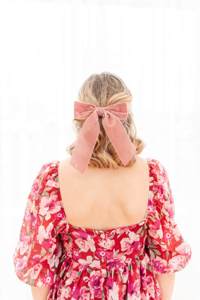 Pink velvet bow for Chattanooga dress shop