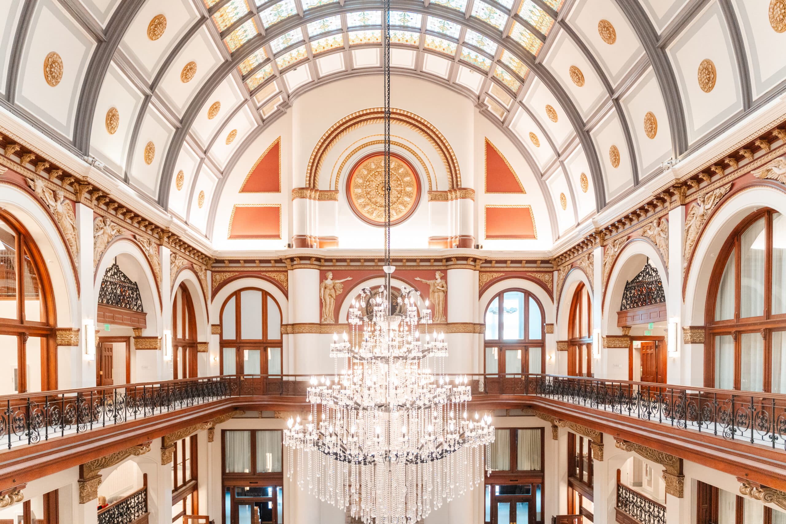 Crystal chandelier in Union Station lobby.